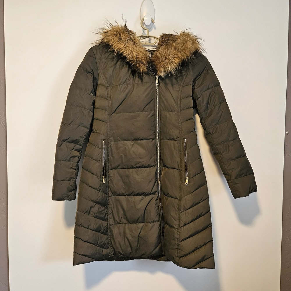 Cole Haan Signature Long Puffer Coat L Olive Green Down Faux Fur Hood Quilted